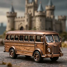 3 5 mm photo of metallic bronze and wood medieval bus like hot wheels model with a castle as background, epic cinematic, epic lighting