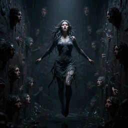 digital art of a woman consumed by darkness in liminal space, floating liquid, stretching to walls, scared faces emerging from darkness, 3d render, oddly familiar, cinematic, dramatic lighting, highly detailed