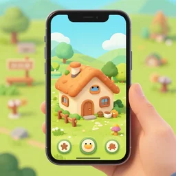 a farming mobile game, cute, rounded house and cute character, retro and fantasy style