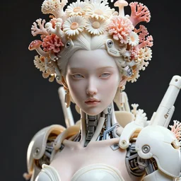 hyper detailed ultra sharp portrait of a beautiful porcelain ivory biomechanical woman warrior, well contoured smooth fair skin, up close shot, sharp focus, global illumination, radiant light, corals daisies headdress made of corals, cyberpunk brackets, mushrooms, puffballs, rhizomorphs, alexandre ferra white mecha, irakli nadar, octane highly render, 4 k, ultra hd,