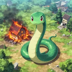 drone picture of disaster girl the great serpent standing in front of burning house looking at camera by celebi