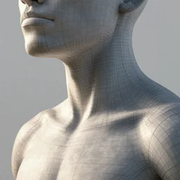 clean topology wireframe view of neck and shoulders area, only quads, pixar professional