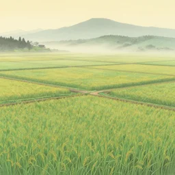rice fields, tranquility, early morning, no sunshine, detailed fields, fog, katsushika hokusai style of image,
