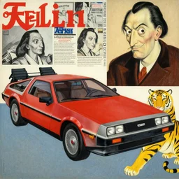 a red delorean and a yellow tiger, painting by hsiao - ron cheng, utagawa kunisada & salvador dali, magazine collage style,
