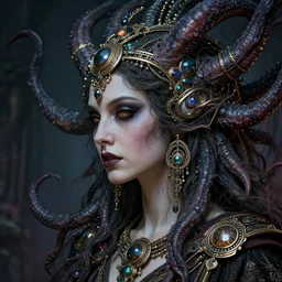 hyperrealistic detailed face side portrait of the beautiful cthulhu priestess adorned in occult jewels and robes with tentacles for hair. cthulhu, dagon, lovecraftian, horror by ernst haeckel, john william godward, android jones, alphonso mucha, h. r. giger, gothic - cyberpunk, ornamental, beautiful deep colours,