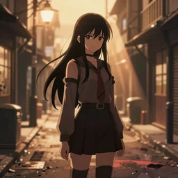 anime woman stands in a street - dramatic cozy arts by wlop and okuda genso. featured on pixiv, anime aesthetic. pixiv, warm aesthetic, rays of light, volumetric light, artstation, vanitas, official art, gothic, noise film photo. octane render, redshift render