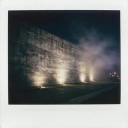 a massive concrete wall with tiny street lights in front of it, foggy, night, dark, old polaroid, expired film, megalophobia,