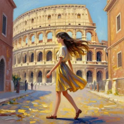 recursive image with a girl walking through a city, ancient rome, large eyes, her long hair flowing, surreal, oil pastels and gold, in the style of katsuhiro otomo, modeled in poser, redshift render, uhd