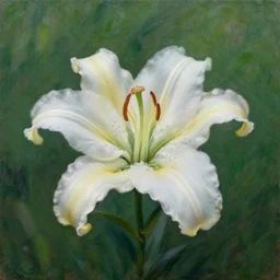 achingly beautiful painting of one white lily on green background rene magritte, monet, and turner. piranesi. macro lens.