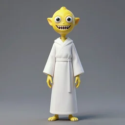 a slender like lemon demon with a lot of eyes and sharp teeth wearing a white ritual robe, full body concept