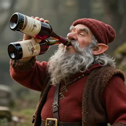 a fantasy dwarf, pouring two bottles of wine in his mouth