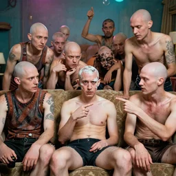 psychedelic trippy bald people, people with no hair in space, bald people on couch, somebody is extremely stinky, bald stinky people at a party, pointing at stinky bald man, bald man who smells bad, everyone looking at a bald guy, bald guy getting pointed at, shaving head while people point, stinky bald people, hairless smelling really bad, extremely smelly person