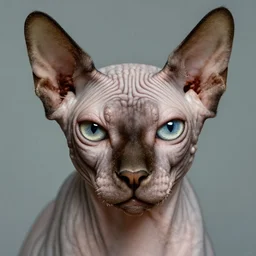 photographic color portrait of a wrinkly sad hairless cat face, by max ernst and alfred pellan