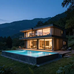 modern cabin with pool, mountain background, forest, clear sky, night, cinematic lighting, photorealistic, high resolution, high detailed