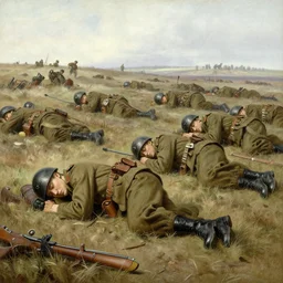 Battle of the Somme but the soldiers are sleeping on the ground painting 1916