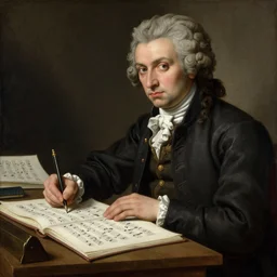 a renaissance painting of mozart writting a piece of music on a sheet. He is staring at the sheet with one hand on his head.