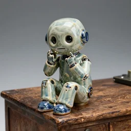 a glazed ceramic sculpture of a robot at the moment it gains sentience, emotional, sitting on an old wooden desk, high quality photograph, sigma 8 5 mm f / 8