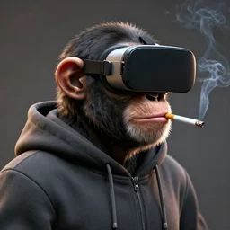 a portrait of a chimpanzee wearing a hoodie, and wearing vr googles, smoking a cigarette, hyper realistic, rear lighting, rendered wtih zbrush, ultra - hd, 2 2 megapixels