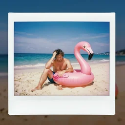 dad with a hangover siting on a beach and deflating a pink flamingo, holiday photo, polaroid, beautiful photo, full body shot, realistic, stunning, just wow
