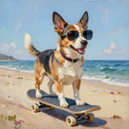 an oil painting of a dog wearing sunglasses riding a skateboard on a beach
