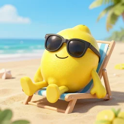 lemon character with sunglasses relaxing at the beach, realistic, 8 k, extremely detailed, cgi, trending on artstation, hyper - realistic render, by greg rutkowski