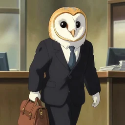 barn owl in a black suit wearing an office bag going to the office,art by Hayao Miyazaki , highly detailed,anime, anime shot,anime colours, inspired by My Neighbor Totoro 1988,cell shading,volumetric dynamic lighting,anime lighting