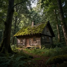 a cottage in the woods, fantasy, hyper realistic, dramatic lighting, wide angle lens, 8k