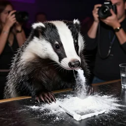 anthropomorphic badger snorting lines of cocaine!!!!!!!! at exclusive trendy nightclub, candid photo, paparazzi