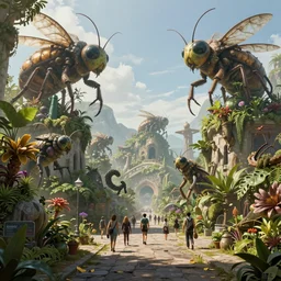 an concept art illustration, photorealistic fantasy street with large insect and plant biomes, megafauna, ultra realistic, style by dylan cole, trending in artstation, cgsociety, octane render, ultra sharp, unreal engine, digital painting, 8 k