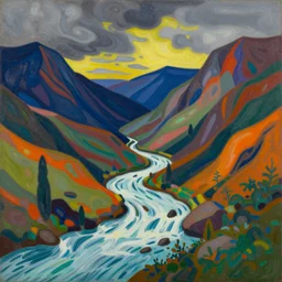 a wild modernist landscape painting filled with energy patterns rippling in all directions, mountains, rushing water, saturated colors. David Hockney.