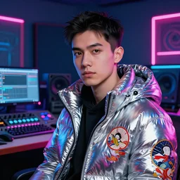 detailed portrait of a music producer in his studio lab, neon operator, cyberpunk futuristic neon, reflective puffy coat, decorated with traditional japanese ornaments by ismail inceoglu dragan bibin hans thoma greg rutkowski alexandros pyromallis nekro rene maritte illustrated, perfect face, fine details, realistic shaded, fine - face, pretty face