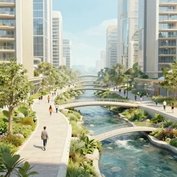 an optimistic futuristic pedestrian city with landscaped streams, idyllic crossing bridges, by christian schloe and colin campbell cooper