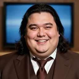 Close up portrait of a clean-shaven chubby man with long black hair wearing a chocolate brown suit and necktie with a television in the background. Photorealistic. Award winning. Dramatic lighting. Intricate details. UHD 8K. He looks very happy.