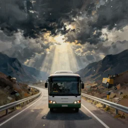 bus driving on the lost highway to infinity. Digital painting. Beeple. Noah Bradley. Cyril Roland.