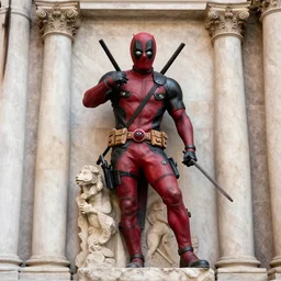 a statue of deadpool in old rome, carving, marble