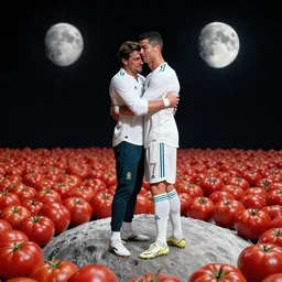 christiano ronaldo crying while hugging leonardo decaprio. standing on the moon on a field of tomatoes. high definition. award winning. high resolution