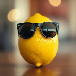 a lemon is wearing sunglasses, clear focus, bokeh effect, high res, hasselblad, dslr, professional, cinematic