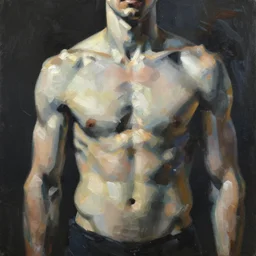 abstract flowing brush strokes of the outline of the closeup torso of athletic man posing dramatically with no face, by conrad roset, dark background, painting trending on artstation
