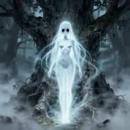 plasma body, anime spectral female character, emerge from big old creepy tree, mist aura, black eyes melt, full body portrait, photorealistic,