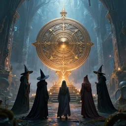 witches and wizards standing around a big magical artifact in an abandoned ethereal elven city ,highly detailed, 4k, HDR, award-winning, artstation, octane render
