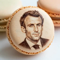 macarons engraved with the portrait of emanuel macron, highly detailed, photo - realistic, food photography