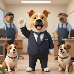 Dog in a suit waving goodbye to his doggie coworkers, animal workers, 8k, highly detailed, realistic, unreal, trending artstation,