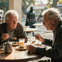 movie scene of two old men eating breakfast, warm lighting, sunny day, dark knight ( 2 0 0 8 ) set in 1 9 7 9, california. fred herzog.