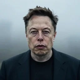 photograph of creepy elon musk peering through fog