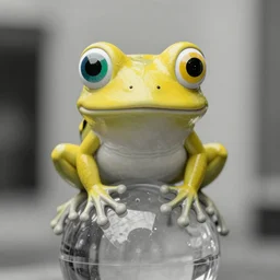 A big yellow cartoon frog with one big eye and one small eye and one green eye and one blue eye and one yellow eye. The frog is looking straight at the camera. It is sitting on top of a backlit glass sphere. Close-up. Monochrome, 24mm tilt-shift. Award-winning photo.
