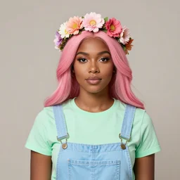 a portrait of a Female brown skinned satyr with pink hair and a flower crown wearing a pastel green shirt with pastel blue overalls
