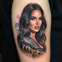creative double exposure effect tattoo design sketch of megan fox with beautiful mountain scenery, realism tattoo, in the style of matteo pasqualin, amazing detail, sharp