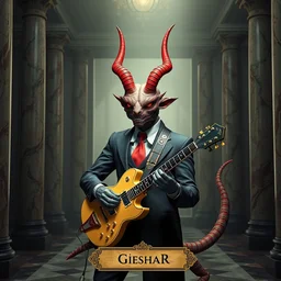 giesha demon wearing a suit + holding a guitar and samurai sword + lizards tail, innovative avant - garde art, deco fashion, photorealistic portrait, crisp quality and light reflections, inside a room with marble columns, transcendent, vibrant color, clean linework, finely detailed, tarot card with ornate border frame, 4 k, trending on artstation, volumetric lighting, octane render