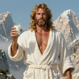 a beautiful marc simonetti fantasy illustration of jeff bridges as the dude as the greek god zeus, wearing a bathrobe, holding a glass of milk on mount olympus. trending on artstation hq 8k