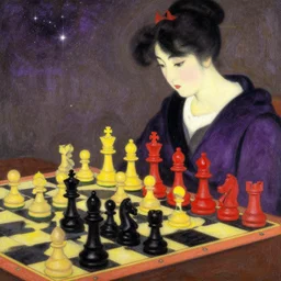 chess set, mary stevenson cassatt, ukiyo - e, galactic yellow violet black red colors